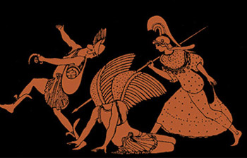 Персей с сумкой на краснофигурной древнегреческой вазе